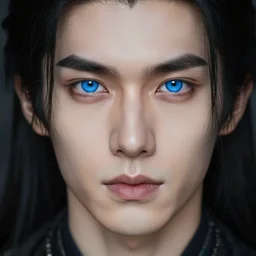 portrait of a man with long black hair and bright blue eyes, hyperrealistic face, beautiful eyes, fantasy art, in the style of greg rutkowski, intricate, hyperdetalized, smooth