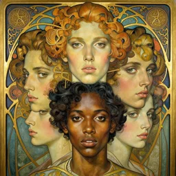 a streamline moderne, ( art nouveau ), multi - racial portrait in the style of charlie bowater, and in the style of donato giancola, and in the style of charles dulac. intelligent, expressive eyes. symmetry, ultrasharp focus, dramatic lighting, semirealism, intricate symmetrical ultrafine ( ( dieselpunk ) ) background detail.