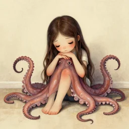 a sad cute girl with octopus tentacles instead of limbs sitting on the floor, illustration by Edgar Maxence, Ross Tran and Jules Bastien-Lepage
