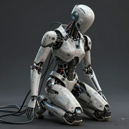 Artificial Intelligence kneeling, futuristic, cyberpunk, cyborg, cables, wires, photorealistic, highly detailed, gritty texture, trending in Artstation, Craig Mullins