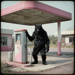 a black monster in an abandoned gas station, daguerreotype by edward hopper, by henri rousseau, by Bosch, art noveau, highly detailed, strong lights, liminal, eerie, Bright pastel colors, octane render, 8k,