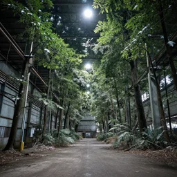 industrial warehouse with a winter forest growing inside of it, bright lights above seeping through the leaves