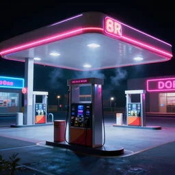 a gas station in the night time, vaporwave aesthetic, neon signs, superliminal 8 k uhd, unreal engine, octane render in the artstyle of finnian macmanus, john park and greg rutkowski