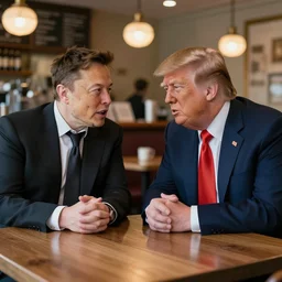 elon musk chatting with donald trump in a cafe shop photo - realistic unreal engine 5 style