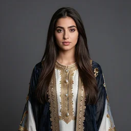 centered medium shot fine studio photograph of a beautiful persian girl wearing a persian solarpunk electronic helmet with led lights, golden ornaments, ultra-realistic, white background, 8k HDR morning light, intricate detail