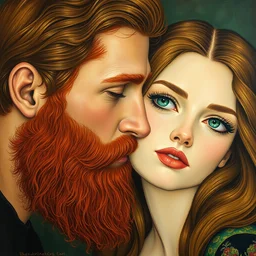 red bearded, blue eyed, man, and kissing, beautiful, brown haired, green eyed, female. gustav klimt painting,