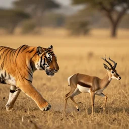 tiger in the left, antelope in the right, the antelope is chasing the tiger, golden hour, 6 0 0 mm, wildlife photo, national geographics