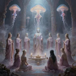 A painting of priestesses worshipping at the jellyfish temple, shrouded in mist, jellyfish god, 8K, illustration, by Craig Mullins, smoke, cinematic, insanely detailed and intricate, hypermaximalist, elegant, super detailed, award-winning, mauve and cyan, mysterious, ancient, ritual, ethereal, trending in cgsociety, artstation HQ, ornate, elite, haunting, matte painting