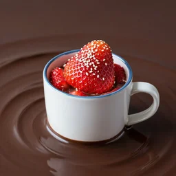 A strawberry mug filled with white sesame seeds. The mug is floating in a dark chocolate sea.