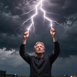 photograph of geert wilders raising both hands, touching lightning bolts, dramatic lighting, dark clouds