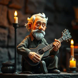 claymation art of a old man playing guitar, 1 0 0 mm, candle lightning, industrial colours, extremely detailed