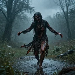 dancing in the rain, post apocalyptic, horror, hyperdetailed, hyperrealistic, nature
