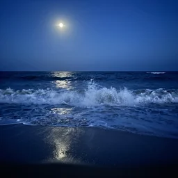 first person view of breaking waves on the shore during the night, blue toned, night sky, moonlit , sea breeze rises in the air, by andreas rocha and john howe, and Martin Johnson Heade, featured on artstation, featured on behance, golden ratio, ultrawide angle, f32, well composed