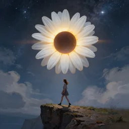giant white daisy flower on the head, girl walking on cliff, surreal photography, solar eclipse, milky way, dramatic light, impressionist painting, clouds, digital painting, artstation, james gilleard, liam wong, jeremy mann, simon stalenhag