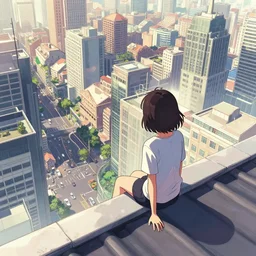 a girl sitting on the ledge of a building roof, looking down at a busy metropolise, seen from the back, in the style of greg rutkowski, anime artstyle, 2 d art, intricate