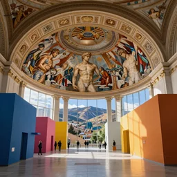 interior view overlooking a spectacular incredible beautiful art museum, huge michelangelo murals, located in aspen colorado, bright colored buildings