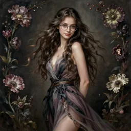 portrait of a young attractive nerdy woman in flowing sensual dress, arrogant, long fine flowing hair, delicate, looking at camera, slightly awkward smile, realistic face, hands behind back, stylish, elegant, grimdark fantasy, flowers, extremely detailed painting inspired by Gerald Brom and Ernst Haeckel and Monia Merlo, studio lighting