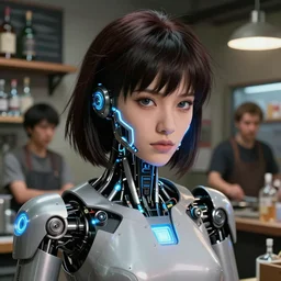 heavy make - up. cybertronic mechanoid led fembot. highly detailed portrait of dark haired motoko kusanagi as a robotic shopkeep with a messy hairstyle. screenshot from hbo's westworld ( 2 0 1 6 ), norman rockwell, stephen bliss, 8 k, art by greg rutkowski, makoto shinkai, global radiant illumination, detailed and intricate environment