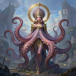 portrait of an octopus goddess, full body shot, rule of thirds, amazing landscape in background, fantasy, whimsical, league of legends splash art, hearthstone splash art, art by artgerm and greg rutkowski and chengwei pan and huang guangjian and viktoria gavrilenko, intricately detailed, highly detailed, luxurious, elegant, trending on artstation