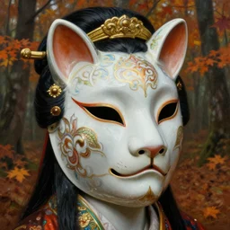 baroque neoclassicist close - up portrait character with ornately decorated iridescent porcelain geisha animal mask in an autumn forest. highly detailed science fiction painting by norman rockwell, frank frazetta, and syd mead. rich colors, high contrast, gloomy atmosphere. trending on artstation and behance.