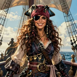 in the style of Joshua Middleton comic art, pretty female Phoebe Tonkin, pirate, black cloth medical eye patch over left eye, evil smile, pirate clothing, long wavy hair, full body, on a pirate ship, sunny weather