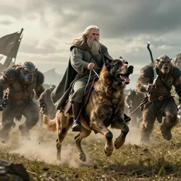 gandalf riding on a dog fighting orcs, 8 k, cinematic