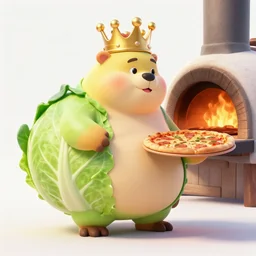 cabbage character, walruss character, fat, king, crown, pizza, wood fired oven, cooking pizza, high heat, highly detailed 3 d render, artstation, surrealism, pixar
