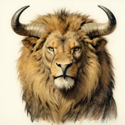 a creature with the body and eyes of a man, beak of an eagle instead of the nose, the mane of a lion, two horns of an ox on the head. drawn by tim hildebrandt