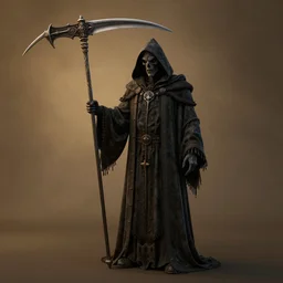 full - body portrait of the grim reaper holding his scythe, by greg rutkowski, by zdzislaw beksinski, very detailed, ornate, intricate, octane render, warm color lighting, volumetric lighting, 8 5 mm