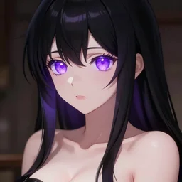 anime girl with glossy black hair, abs, glowing purple eyes and soft skin
