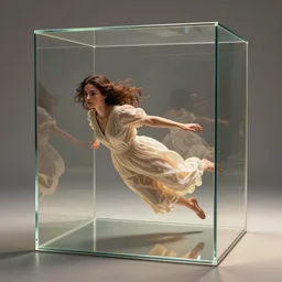 A extremely realistic digital image of a woman floating but confined in a four-dimensional glass box by Andrea Chiampo, artstation and Frederik Heyman, extremely detailed woman, stunning volumetric lighting, hyper realism, fantasy 4k