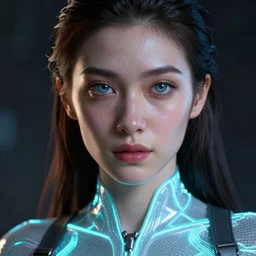 ultra realist render of a beautiful female mage wearing a luminescent bodysuit in a Tron universe, reflections, focus, detailed, realistic eyes, symmetric body features proportions, golden ratio face, intricate facial skin details, award winning, trending in cgsociety artstation deviant art, octane render, boris Vallejo and Tom Bagshaw