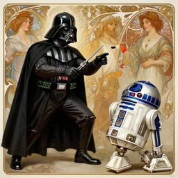 a detailed picture of darth vader playing fetch with r 2 - d 2, intricate, elegant, highly detailed, digital painting, artstation, concept art, matte, sharp focus, illustration, art by rebecca guay and by arthur rackham and by alphonse mucha and by john william waterhouse