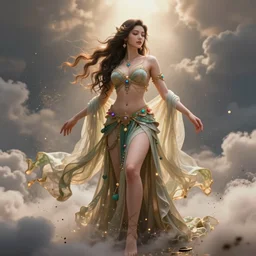 a beautiful female goddess of the nature character, character is in all its glory, character is in her natural relaxed pose, full body shot, rim lights, particles and dust in the air, fancy clouds, highly detailed professional photo, dynamic lights, particles are flying, depth of field, trending on artstation, professional illustration, hyper realistic, vray caustics, super detailed, colorful accents, cinematic shot