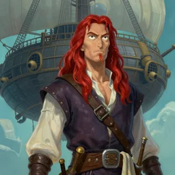 epic fantasy portrait painting of a long haired, red headed male sky - pirate in front of an airship in the style of the rick and morty