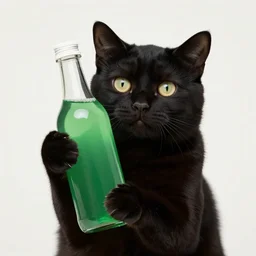 black cat holding bottle of green liquid