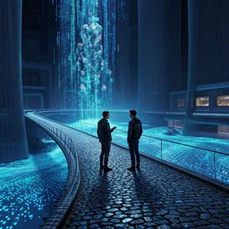 the last hologram remnants of humanity stand conversing on a wireframe cobblestone bridge over a river made of simulated voxels, a scene set in a vast holodeck. a lonely room teetering on the edge of the universe and the spectrum of oblivion encompasses all emotion