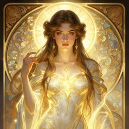 digital character concept art by artgerm greg rutkowski alphonse mucha sylvain sarrailh of yound demi moore as a d & d sorceress, perfect likeness, clear portrait, holy body! light effect. hyper detailed, glowing lights!! intricate, elegant, digital painting, artstation, smooth, sharp focus
