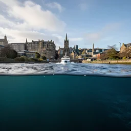 underwater photo of boat wake in sky above submerged edinburgh city sharp focus, cinematic, unreal engine, 4 k wallpaper, national geographical
