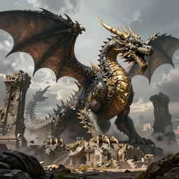 Colossal dragon on ancient ruins. By Konstantin Razumov, highly detailded