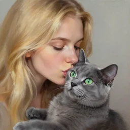 blonde woman with green eyes kisses her grey cat with green eyes on her nose, digital art, oil painting
