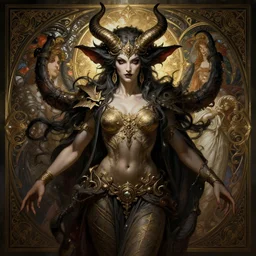 symmetry!! portrait of female sinister hades, mithology, intricate, highly detailed, dynamic lighting, digital art, digital painting, artstation, wlop, sharp focus, illustration, art by artgerm and greg rutkowski and alphonse mucha, 8 k