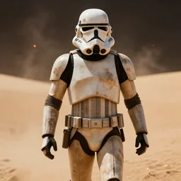 star wars film still, closeup portrait of a dirty sandtrooper the walking in the desert, dust, rim light, embers, hyper detailed, smooth, high contrast, volumetric lighting, george lucas, ralph mcquarrie, doug chiang, ryan church