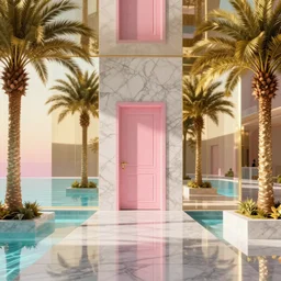 indoor liminal space, golden light, greg rutkowski, marble, palm trees, pink door, minimalistic, hyperrealistic surrealism, award winning masterpiece with incredible details, epic stunning, infinity pool mirrors, a surreal vaporwave liminal space with mirrors, highly detailed, trending on artstation, artgerm and greg rutkowski and alphonse mucha, daily deviation