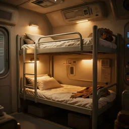Room of a spacecraft, with a bunk bed, warm tones, lights, gloom and lights, photo realistic, playing, CGI, Unreal Engine, Hdri