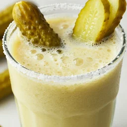 high quality food photography, blended pickle smoothie, pickles floating, pickle garnish, salted rim, bubbling