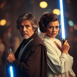 annie leibovitz style two - shots of mark hamill as luke skywalker and carrie fisher as princess leia, star wars, bokeh