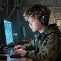 a rebel computer boy in a dystopian world, he is a powerful hacker, cyber punk art