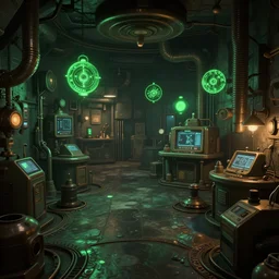 secret underground lab, unreal engine, octane, 4 k, videogame style, retro tech, some green glowing artifacts