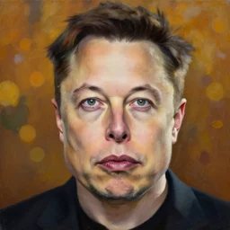stunning serene portrait of Elon Musk by Mark Arian, oil on canvas, masterpiece, realism, piercing gaze, autumn bokeh
